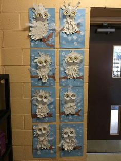 the door is decorated with owls and snowflakes