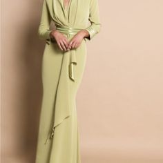 Quiet Elegance Galas Or Mother Of The Bride Column Sheath Floor Length Maxi Draped V Neck Center Scarf Drape Down Middle Built-In Bra Fully Lined. Silk Slight A Line - Mermaid Slight Train Deep Dark Green Green Cumber-Bun And Wrist Detail Long Center Scarf Drape High Society Photo Is The Exact Dress In Pale Green Formal Wedding Guests, Fall Wedding Guest, Mom Dress, Chiffon Long Sleeve, Mother Of The Bride Dress, Elegant Party, Dress Formal, Groom Dress, Chiffon Lace