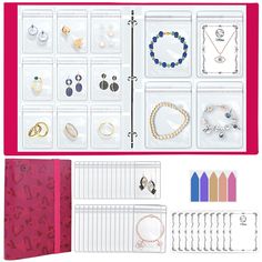 an assortment of jewelry and bracelets displayed in a pink display case on a white background