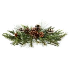 some pine cones and candles are sitting on a branch with evergreen branches in the background