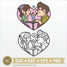 two people sitting at a table in front of a heart with the words svg dxf eps and png