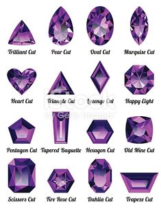 Set of realistic purple amethysts with complex cuts isolated on white background. Jewel and jewelry. Colorful gems and gemstones. Trilliant, pear, oval, marquise, heart, triangle, lozenge, happy eight Drawing Realistic