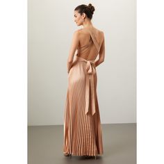 Gold (100% Polyester). Gown. Plunge neck. Back zipper closure. 55" from shoulder to hemline. Imported. Formal V-neck Maxi Dress With Tie Back, Pleated V-neck Gown For Party, Chic V-neck Prom Gown, Glamorous Evening Dress With Tie Back For Gala, Glamorous Maxi Dress With Tie Back For Gala, Party Gown With Tie Back, Maxi Length, Glamorous Tie-back Evening Dress For Gala, Party Maxi Dress With Pleated Back, Tie Back Gown For Prom Season