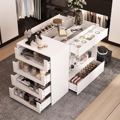 an open drawer on the side of a table with makeup and other items in it