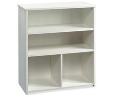 a white bookcase with two open shelves on each side and one closed shelf at the top