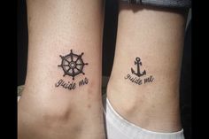 two people with matching tattoos on their feet, one has an anchor and the other has a ship wheel