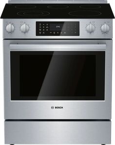 a stainless steel oven with an electronic display on the front and side panel, is shown