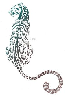 a black and white drawing of a leopard with its tail curled in the shape of a snake