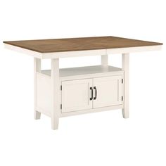 a white and wood table with two drawers