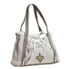 the new orleans saints hoodie purse is grey and has a drawstring strap