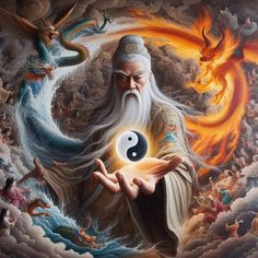 a painting of a man holding a yin yang ball in his right hand, surrounded by other people