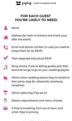 the wedding checklist for each guest you're likely to need is shown in pink