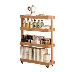 three tiered wooden shelf with books and drinks on it, against a white background