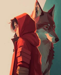 a person standing next to a wolf wearing a red hoodie