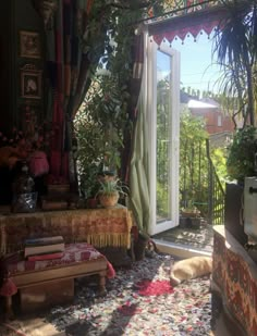 a living room filled with lots of plants next to an open window on top of a rug