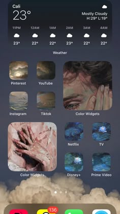 an iphone screen showing the weather in different colors and sizes, with icons on it