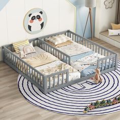 Double Twin Floor Bed With Fence, Guardrails, Without Door Double Floor Bed, Double Twin Bed, Double Twin Beds, Twin Floor Bed, Kids Toddler Bed, Floor Bed Frame, Two Twin Beds, Bed Frame Design, Bed Floor