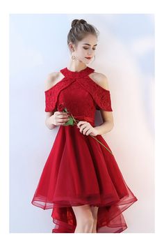 Shop Burgundy Short Tulle Homecoming Party Dress Lace Cold Shoulder online. SheProm offers formal, party, casual & more style dresses to fit your special occasions. Short Christmas Dresses, Dress With Outer, Red Lace Wedding Dress, Red High Low Dress, High Low Dress Formal, Cocktail Dresses With Sleeves, Below The Knee Dresses, V Neck Cocktail Dress, Red And White Dress