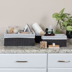 two baskets on top of a counter filled with toilet paper and other items next to a potted plant