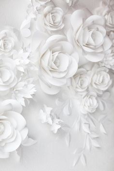 white paper flowers are arranged on the wall in this artistic photo, which looks like they have been made out of paper