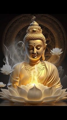 a buddha statue sitting on top of a white lotus