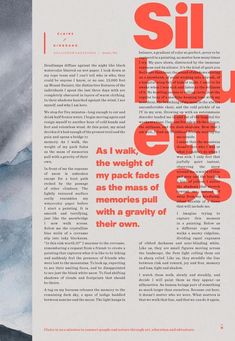 an image of a magazine cover with the title'sil hour ete - ess as i walk, the weight of my pack faces as the mass of memories pull out of their own