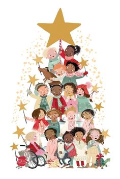 a christmas tree with many children around it and a star above the top that says merry