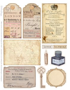 an assortment of old fashioned items including keys, labels and other things to include in the package