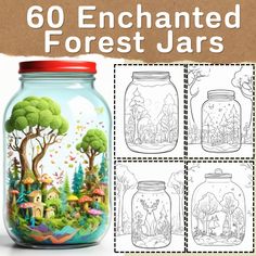 a jar filled with lots of different things next to a piece of paper that says,'60 enchanted forest jars '