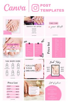 a pink and white flyer for a nail salon with images of manies on it