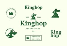 the logos for kinghop organic juices are shown in green and white, with black lettering