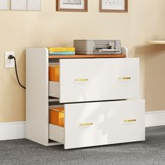 a white filing cabinet with two drawers next to a wall