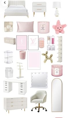 a collage of pink and white furniture, including a bed, dresser, mirror, desk