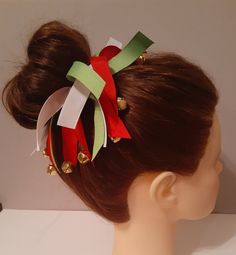 These Christmas treasures are a great way to celebrate your holiday! Not only are the ribbons red, white and green. But ever treasure has jingle bells hand  sown at the ends for that extra Christmas cheer! This product is on a hair tie. Christmas Hair Bows, Christmas Hair, Hair Tie, Jingle Bells, Christmas Cheer, Barrettes, Hair Bow, Hair Ties, Hair Bows