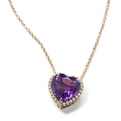 A halo of natural diamonds outlines the vibrant natural amethyst gemstone at the heart of this beautiful pendant. Crafted in warm 14-karat yellow gold  filigree around the outer profile adds a touch of elegance. Formal Purple Heart Pendant Necklace, Purple Heart Pendant Necklace For Formal Occasions, Elegant Amethyst Necklaces For Valentine's Day, Victorian Princess, Mafia 2, Diamond Outline, Diamond Heart Necklace, Step Kids, Gold Filigree