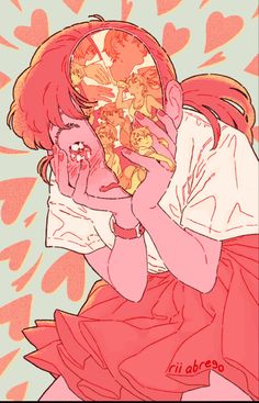 a girl with red hair holding a pizza in her hands and looking at the camera