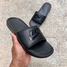 Nike Benassi " Jdi " Print Black / Black / Black Triple Black Men's Us Sizes 8 10 & 12 **This Item Fits Tight & Runs Small Recommend Going Up A Size** Condition: Brand New - Without Box *Satisfaction Is 100% Guaranteed* Additional Notes: Guaranteed To Be 100% Authentic Nike Merchandise (Purchased From An Authorized Nike Retailer) Sandal Slide Sandals Cone Cones Color Comfortable Sz Size Casual Black Leather Slides, Nike Black Slides With Rubber Sole, Black Comfortable Nike Slides, Black Nike Slides With Branded Insole, Black Round Toe Slides For Streetwear, Casual Black Slides With Branded Insole, Casual Black Slides With Cushioned Footbed, Comfortable Black Slides For Streetwear, Black Slip-on Slides For Streetwear