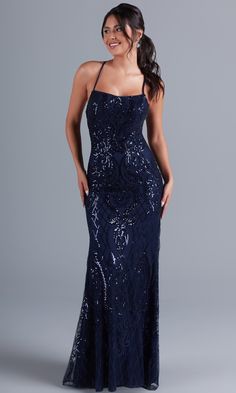 Simply gorgeous, this exciting long sequin prom dress is an exclusive style sold only at PromGirl. The fully-lined long formal dress has a sheer overlay that boasts a shimmering sequin pattern from the neckline to the hem of the curve-hugging long skirt. Supportive spaghetti straps round the shoulders before creating a statement by crossing the open back and tying into a bow. For a sparkly look at prom, fancy galas, and other black-tie formal events, slip into this luxurious statement-back long Dark Blue Prom Dress, Navy Prom Dresses, Sparkly Prom Dress, Sequin Pattern, Simply Dresses, Long Formal Dresses, Blue Dress Formal, Prom Inspo, Dresses For Prom