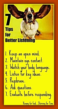 a sign with an image of a dog's head and the words 7 tips for better listening