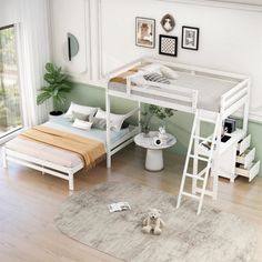 a white loft bed sitting on top of a wooden floor