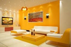 an orange and white living room with two couches, a coffee table and a painting on the wall