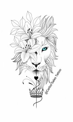 a drawing of a lion with flowers on its head and the words, i love you