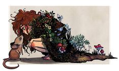 an image of a woman with flowers and plants on her head sitting next to a rat