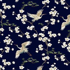 two birds flying over white flowers on a dark blue background