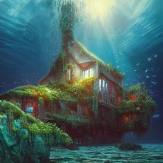 an underwater house with plants growing out of it's roof and water surrounding it