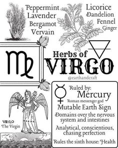 the zodiac sign for virgo, which is written in black and white with an image of