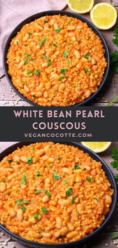 white bean pearl couscous in a pan with lemons and parsley on the side