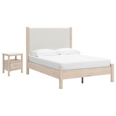 a bed with two nightstands next to it