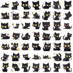 many black cats with yellow eyes are shown in this image, and there is no image on