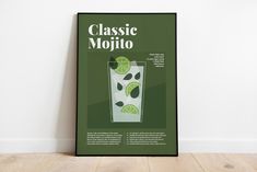 a poster on the wall with a glass of mojito and limes in it